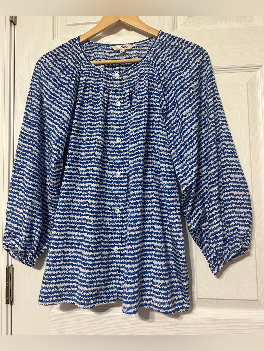 TUCKER Women’s Silk Smocked Button Up Blouse Blue Balloon Sleeves Size M